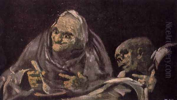 Two Old Women Eating from a Bowl Oil Painting by Francisco De Goya y Lucientes