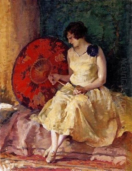 Woman With A Red Umbrella Oil Painting by Bertalan Vigh