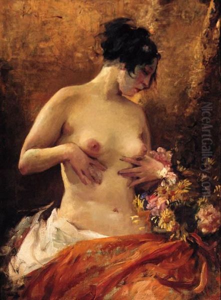 A Female Nude With A Bouquet Of Flowers Oil Painting by Bertalan Vigh