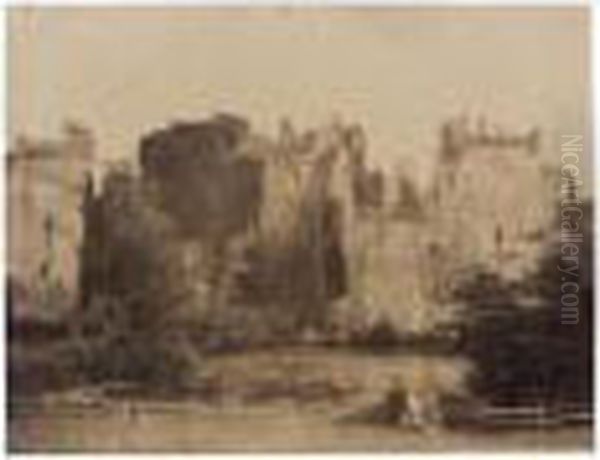 Study Of Bodiam Castle, East 
Sussex, And A Study Of An Unidentified Church, Probably 1852 Oil Painting by Joseph Vigier