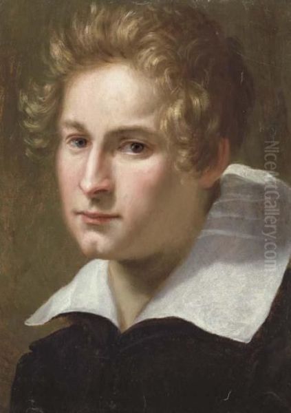 Portrait Of A Young Man, Bust-length, In A Black Coat And White Collar Oil Painting by Jacopo Vignali