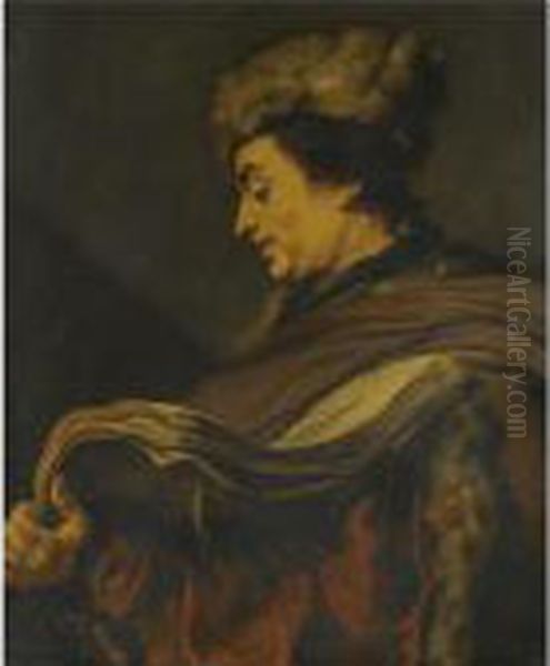 Profile Of A Man Wearing A Fur Hat And A Fur-lined Coat, Holding Abook Oil Painting by Claude Vignon