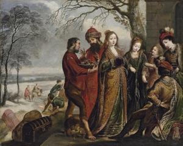 Solomon And The Queen Of Sheba, In A Winter Landscape Oil Painting by Claude Vignon