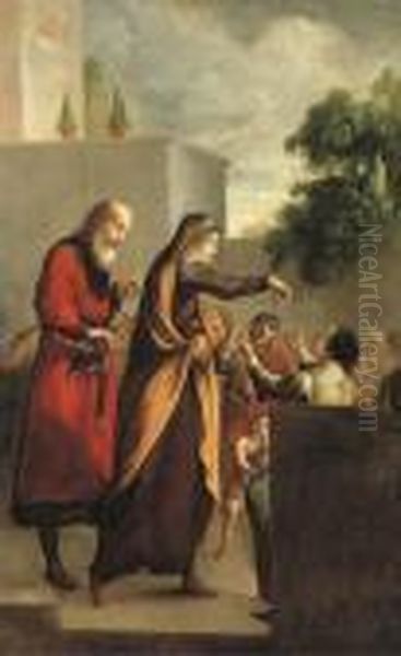 Sainte Anne Et Saint Joachim Faisant L'aumone Oil Painting by Claude Vignon