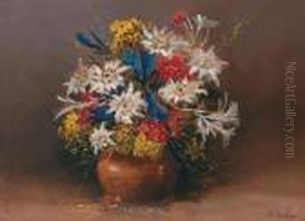 Alpine Flowers With Edelweiss In A Country Vase Oil Painting by Karl Vikas