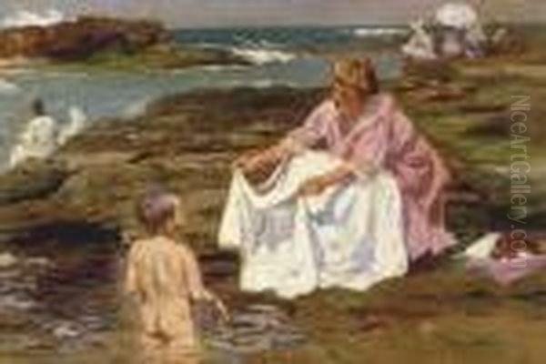 Mother And Child At The Beach Oil Painting by Julio Vila y Prades