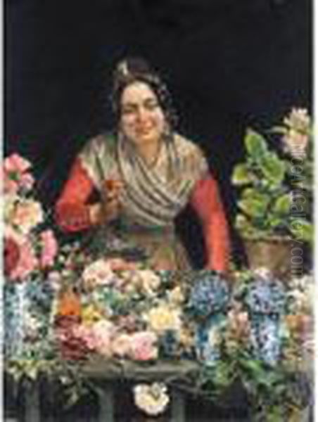 Vendedora De Flores (the Flower Seller) Oil Painting by Julio Vila y Prades