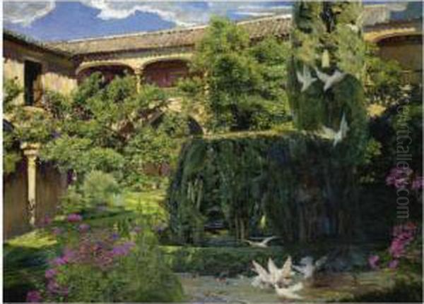 Patio De Lindaraja, Alhambra (lindaraja Courtyard, Alhambra) Oil Painting by Jose Villegas y Cordero