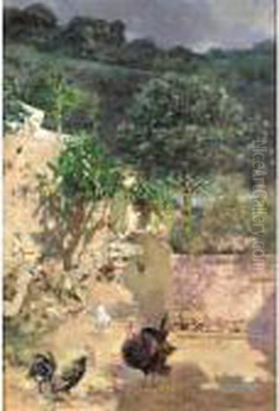 Pavos (poultry In A Farmyard) Oil Painting by Jose Villegas y Cordero