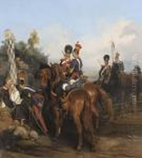 Life Guard Lancer Regiment And Guard Horse Grenadier Regiment At Rest Oil Painting by Bogdan Pavlovich Villevalde