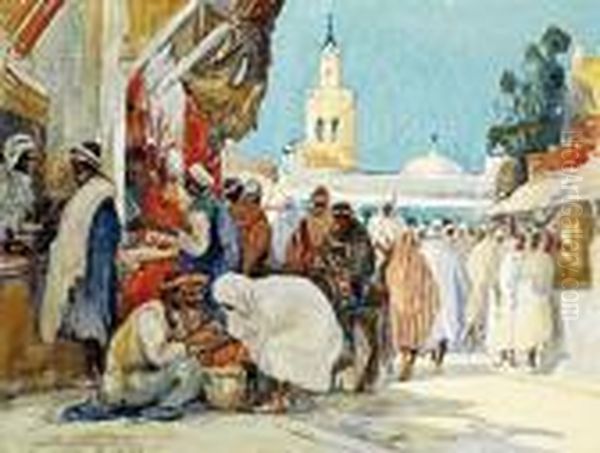 Scene De Marche Aux Abords De La Mosquee Oil Painting by Eugene Villon