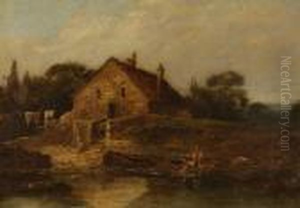 Figures By A Riverside Cottage Oil Painting by George Vincent