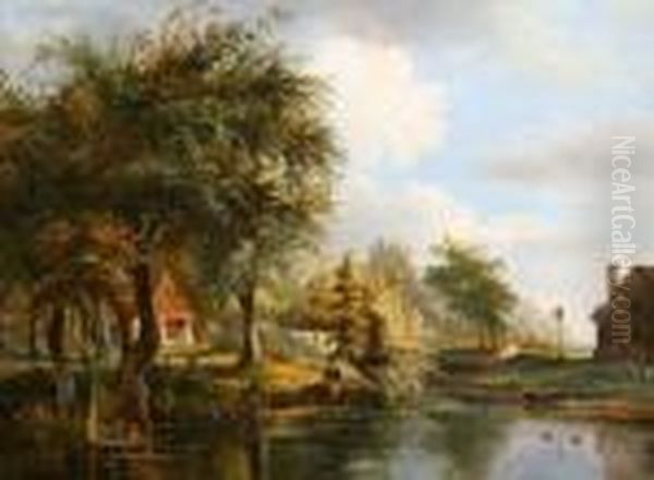 The River Yarewith Cottage, Young Man Fishing From The Bank by George Vincent