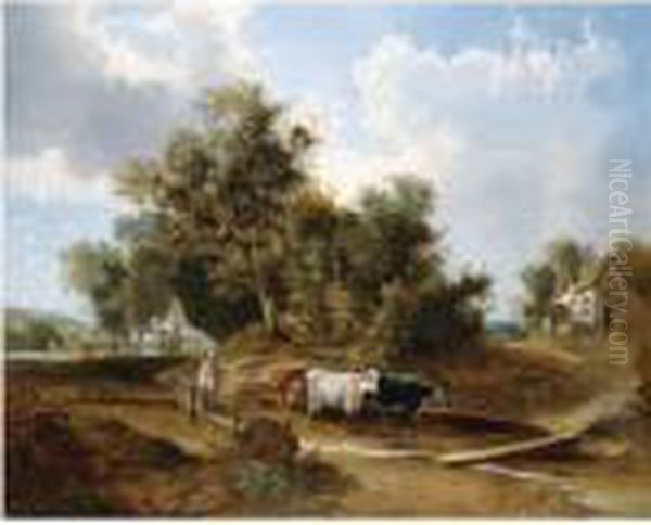 An Extensive Landscape Near Whitlingham, Norwich, With A Drover And His Cattle Oil Painting by George Vincent