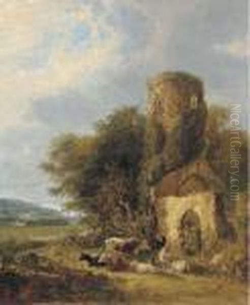 Figures And Livestock By The Ruins Of St. Andrew's Atwhitlingham Oil Painting by George Vincent