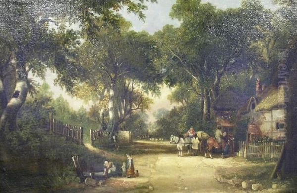 Figures By A Thatched Cottage Oil Painting by George Vincent