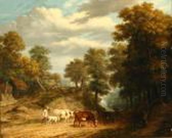 Rural Landscape With Herdsmen And Cows On A Dirtroad by George Vincent