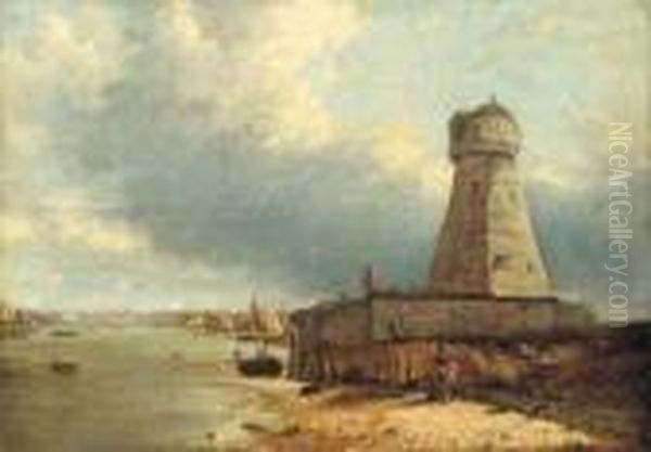 A View Of Lowestoft Lighthouse, 
With Figures In The Foreground Andthe Stanford Channel Beyond Oil Painting by George Vincent