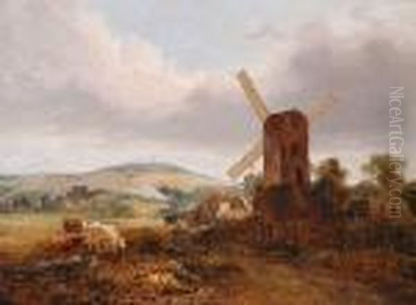 Cattle Grazing Before A Windmill In An Extensive Landscape Oil Painting by George Vincent