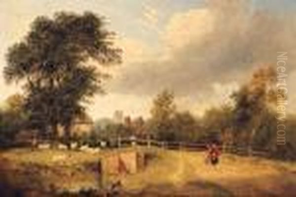 A Wooded River Landscape With Figures On A Path, A Villagebeyond Oil Painting by George Vincent