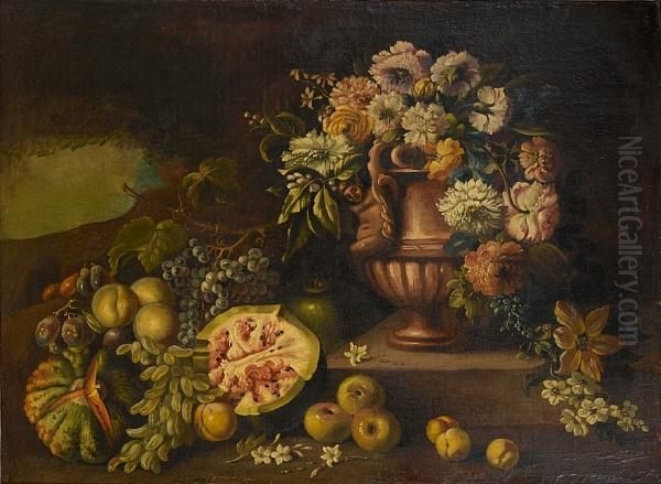 Chrysanthemums, Roses, Orange 
Blossom Andother Flowers In An Urn, Melons, Apples, Peaches And Grapes 
Beforea Stone Ledge, A View To A Landscape Beyond Oil Painting by Giuseppe Vincenzino