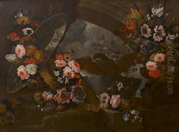 An Eagle In A Stone Bath Surrounded By Garlands Of Flowers Before An Arch Oil Painting by Giuseppe Vincenzino