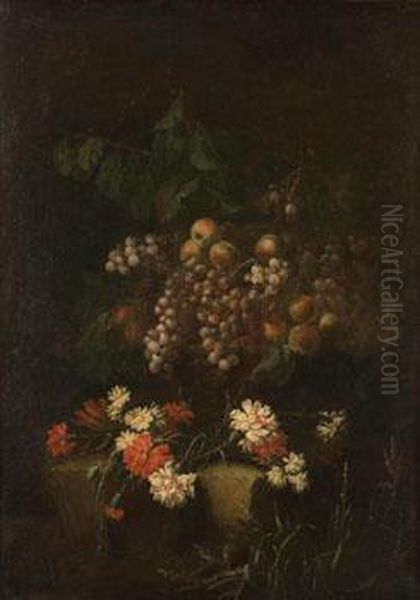 Garofani Uva In Un Cesto E Altri Fiori , Su Un Piano Di Pietra Oil Painting by Giuseppe Vincenzino