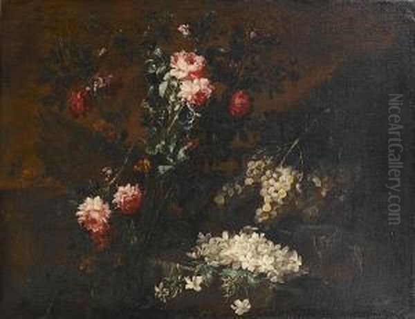 Roses And Morning Glory Beside A Stone Ledge With Grapes And Jasmine by Giuseppe Vincenzino