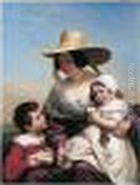 Madame Vinchon Et Ses Enfants Oil Painting by Auguste Jean Bapt. Vinchon