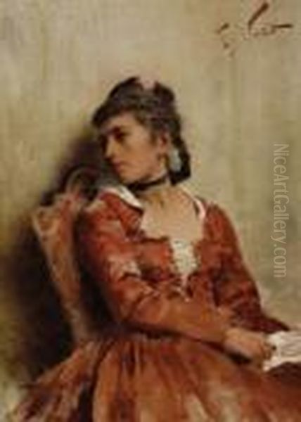 Young Woman In Red Oil Painting by Francesco Vinea