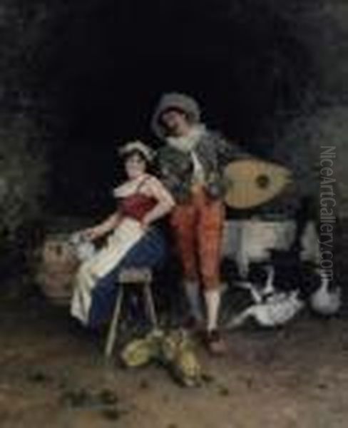 Gallant Wooing. Signed And Dated Bottom Right: F. Vinea Firenze 1884 Oil Painting by Francesco Vinea