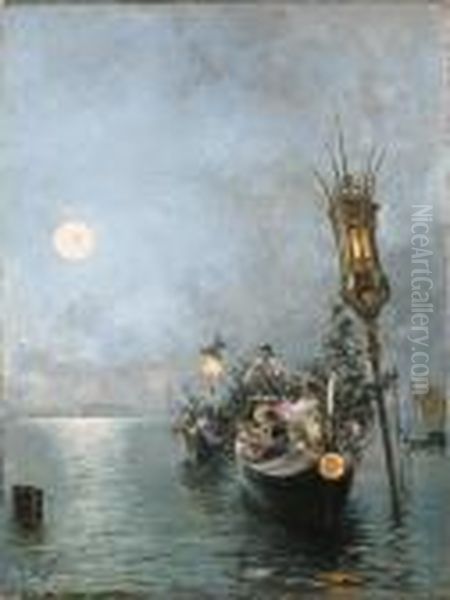 A Gondola Ride At Night Oil Painting by Salvador Viniegra Y Lasso