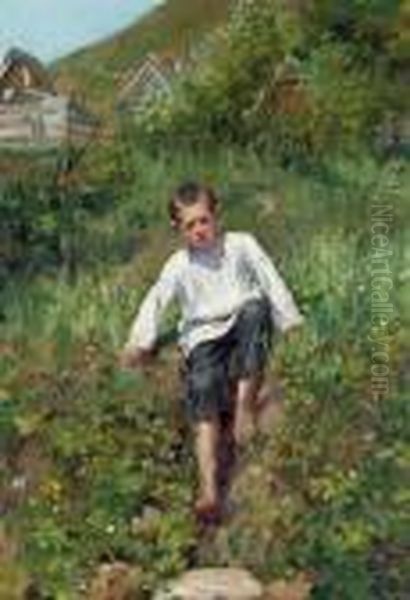 A Boy Climbing Down A Bank Oil Painting by Sergey Arsenievich Vinogradov