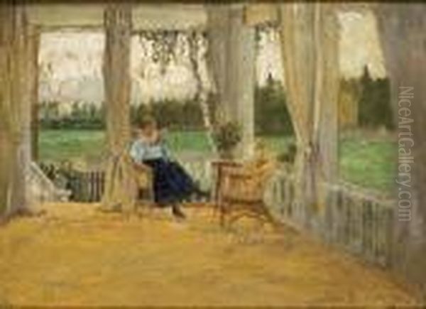 Woman Reading On A Veranda Oil Painting by Sergey Arsenievich Vinogradov