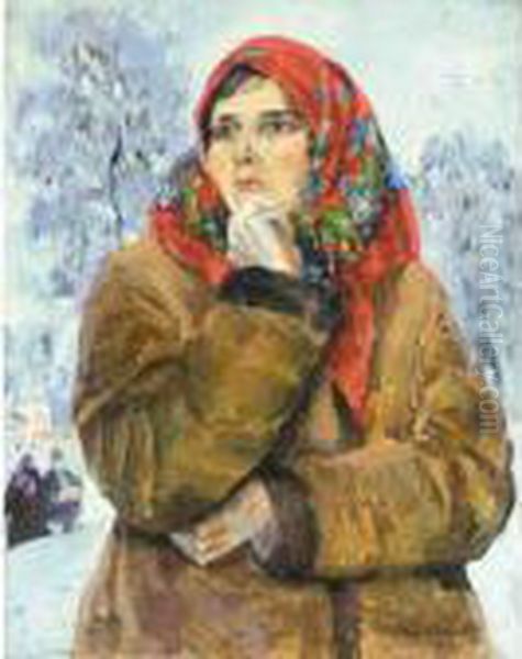 Girl In A Red Scarf Oil Painting by Sergey Arsenievich Vinogradov