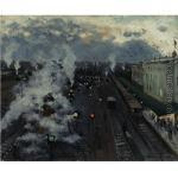 Train Station Oil Painting by Sergey Arsenievich Vinogradov