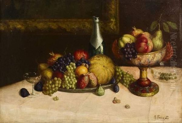 Nature Morte Aux Fruits Et Bouteille De Vin. Oil Painting by Adolfo A. Ferraguti Visconti