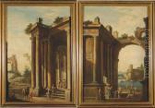 Due Scene Con Rovine Classiche E Personaggi Oil Painting by (Giovanni Antonio Canal) Canaletto