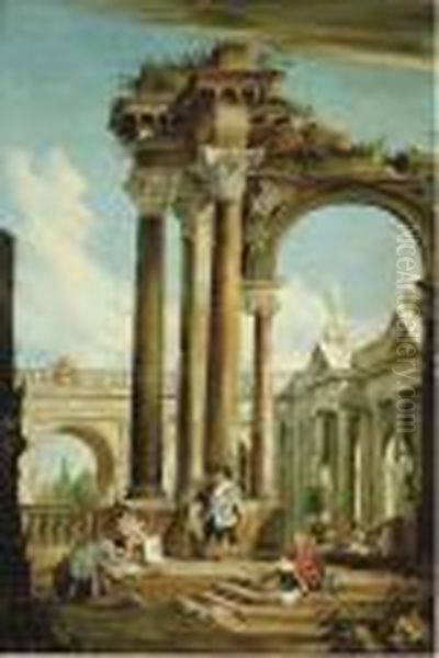 An Architectural Capriccio With Architects Drafting Oil Painting by (Giovanni Antonio Canal) Canaletto