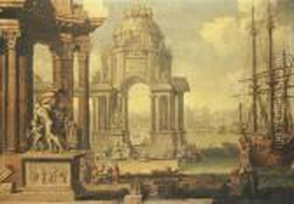 A Capriccio Of A Mediterranean Harbour Oil Painting by (Giovanni Antonio Canal) Canaletto