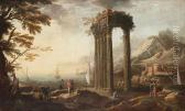 An Italianate Coastal Landscape With Figures Before A Ruined Portico Oil Painting by Nicola Viso