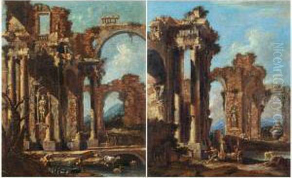 Architectural Capricci With Figures Among Ruins: A Pair Of Paintings Oil Painting by Nicola Viso