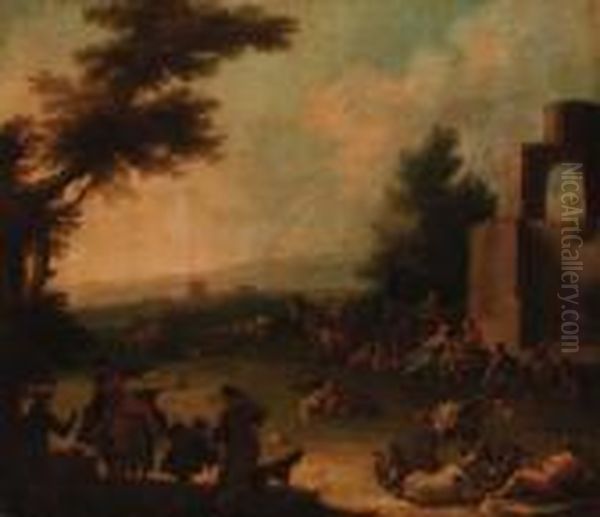 An Italianate Landscape With Travellers And Shepherds By Aruin Oil Painting by Nicola Viso