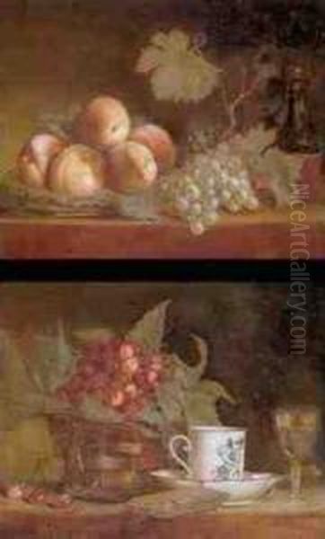 Still Life With A Basket Of 
Cherries, A Cup Of Tea And A Wine Glass All Resting On A Ledge And A 
Still Life Of Peaches, Grapes And A Bottle Of Wine All Resting On A 
Ledge: A Pair Of Paintings Oil Painting by Francois Xavier Vispre