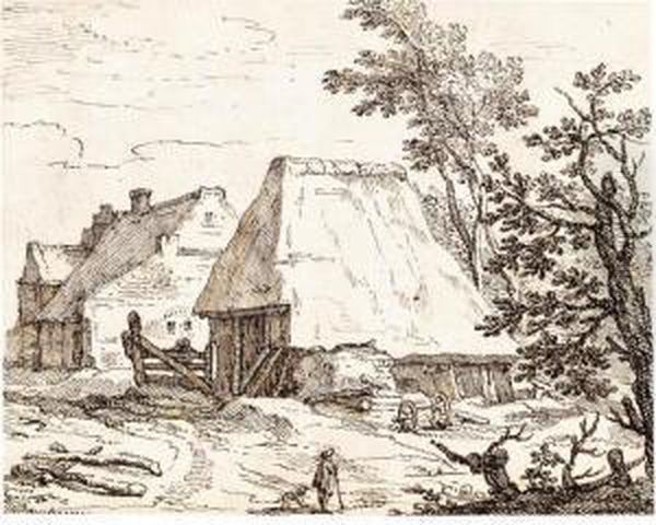 View Of Thatched Farm Buildings, With The Farmer And His Dog In The Foreground Oil Painting by Claes Jansz Ii Visscher