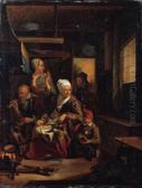 An Old Woman Baking Pancakes On 
An Open Fire, An Old Man Smoking Apipe And A Child Nearby, In A Kitchen Oil Painting by Cornelius de Visscher