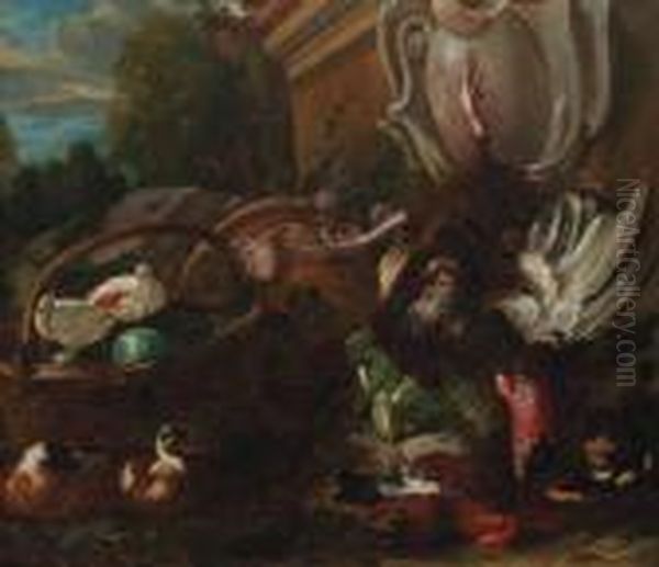 A Dead Turkey Hanging On A Rope 
From A Sculpted Cartouche On Apedestal With A Cabbage, A Dead Hen, 
Ducks, Pumpkins And Doves In Abasket By Upturned Garden Ornaments In A 
Landscape Oil Painting by Candido Vitali