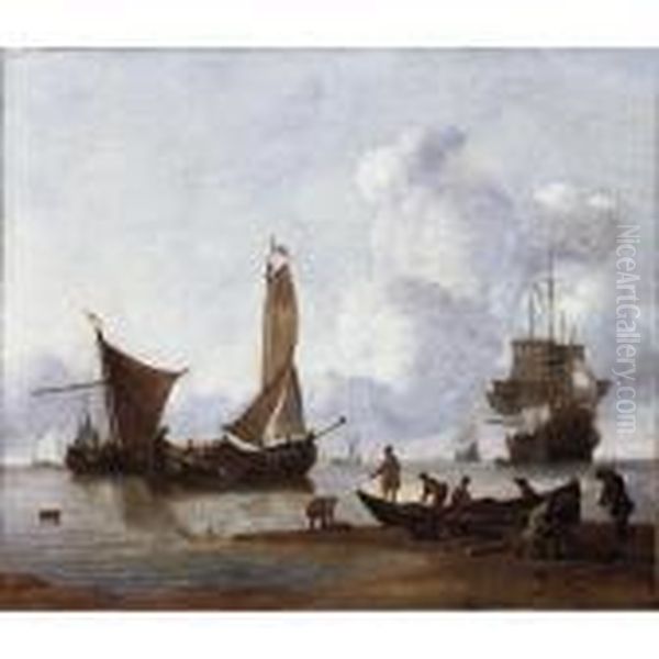 Fishermen Unloading Their Catch 
On The Shore, Moored Fishing Boats And Dutch Men-o'-war At Anchor Beyond Oil Painting by Wigerius Vitringa