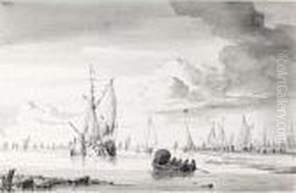 Various Ships And A Rowing Boat On An Estuary Oil Painting by Wigerius Vitringa