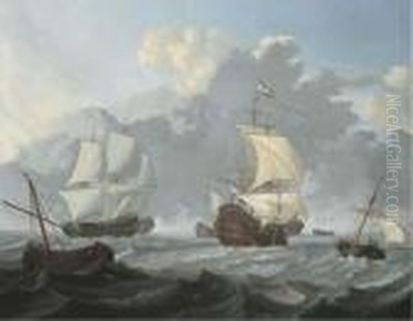 Dutch Threemasters And Other Shipping In Choppy Waters Oil Painting by Wigerius Vitringa